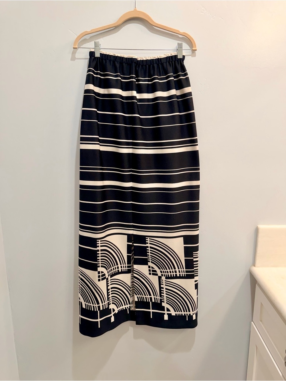 Vintage 70s Art Deco Geometric Maxi Skirt Black Cream Striped Mid Century M - Picture 7 of 9